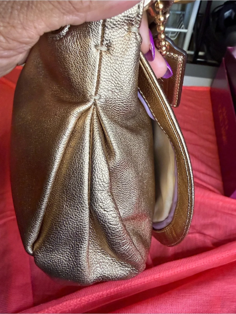 Coach Ali Metallic Rose Leather Hobo Shoulder Bag Rose Gold